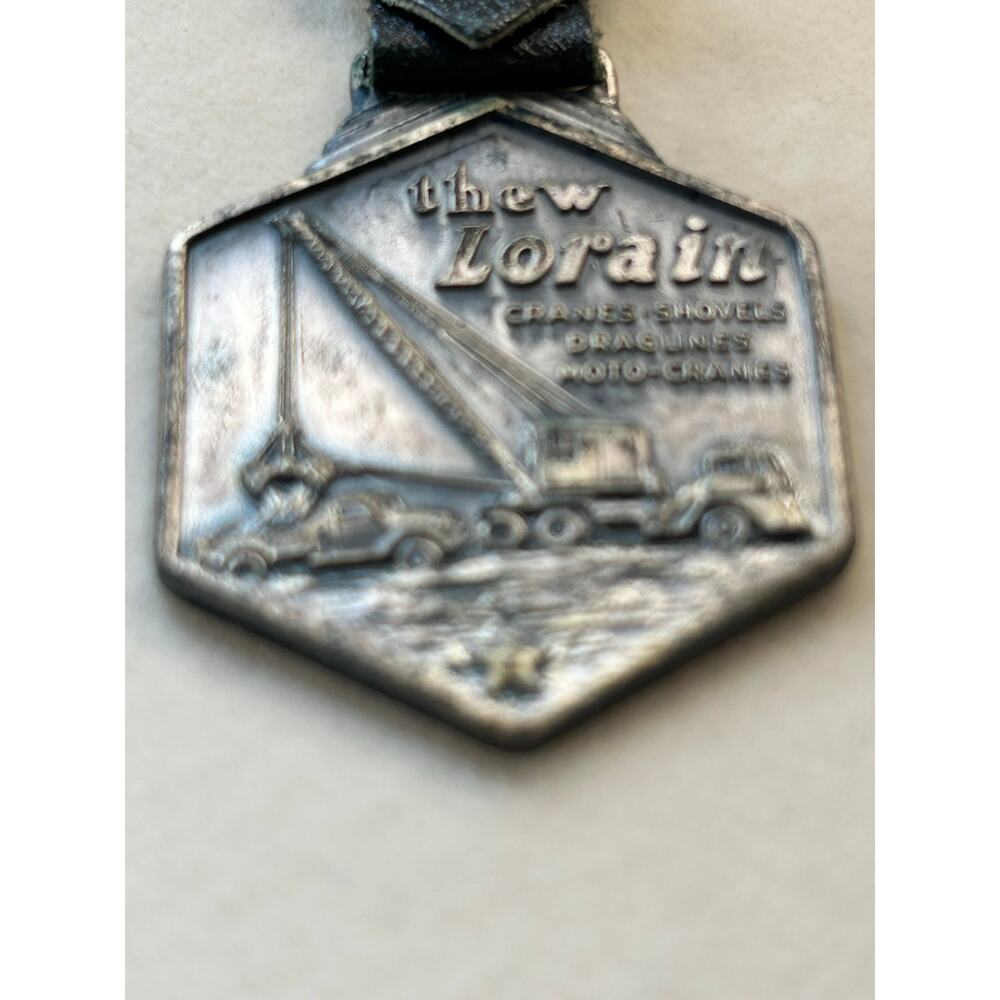 Vintage Thew Lorain Shovel Crane Watch Fob Metal Arts Co MACO Rochester NY Heavy